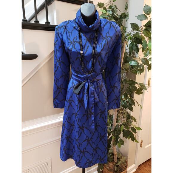 Vintage Caron Chicago Sheath Dress S Blue Patterned Cowl Neck Tie Waist Back Zip - Picture 2 of 12